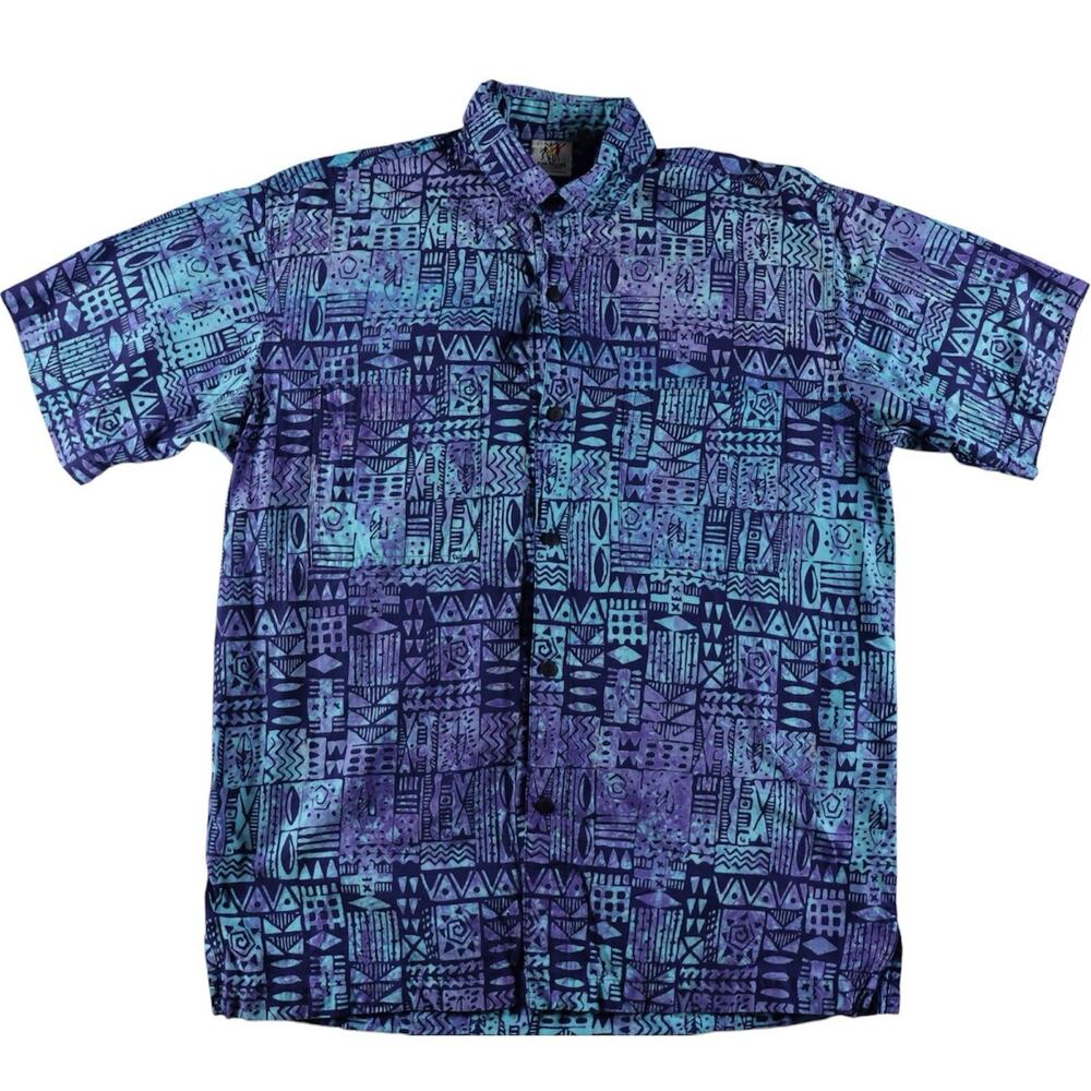 Vintage Rum Reggae Batik Hawaiian Shirt Mens Large Blue Purple Tribal Geometric